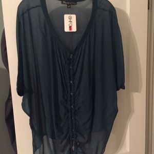 sheer teal drawstring top NWT